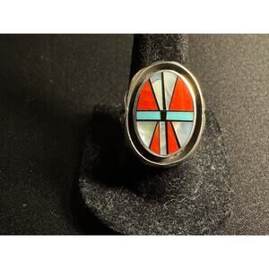 Vintage Native American Zuni Inlaid Turquoise, Coral, MOP 11g